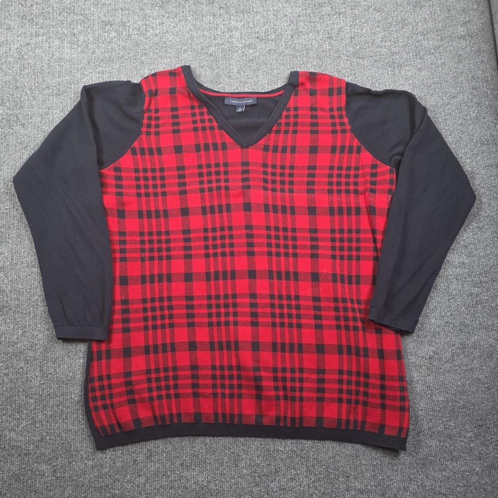 Tommy Hilfiger Sweater Mens XL Red Plaid‎ V Neck Cotton Knit Pullover Casual